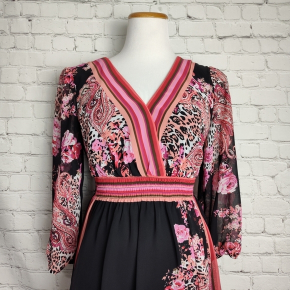 Bisou Bisou Michele Bohbot Dress 8  Pink Coral Black Flower Sheer  3/4 Sleeves - Picture 4 of 11